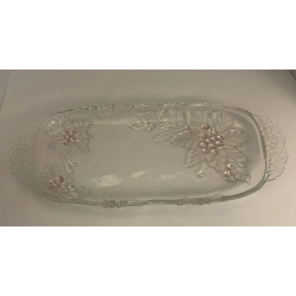 Vintage  Crystal Serving Dish, clear and pink,  15 inch long, 7 inch wide.  abr1